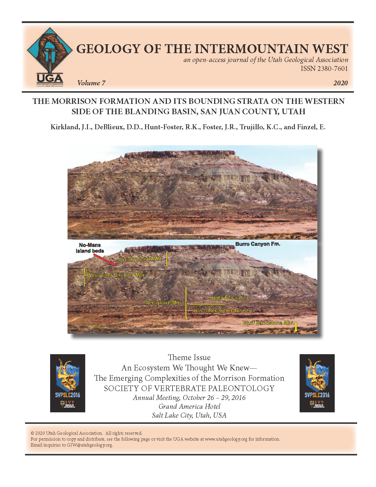 Unannotated (top) and annotated (bottom) photograph of the nearly complete section of Upper Jurassic Morrison Formation exposed on west side of McCracken Point east of the mouth of Recapture Creek, Navajo Nation, Utah.