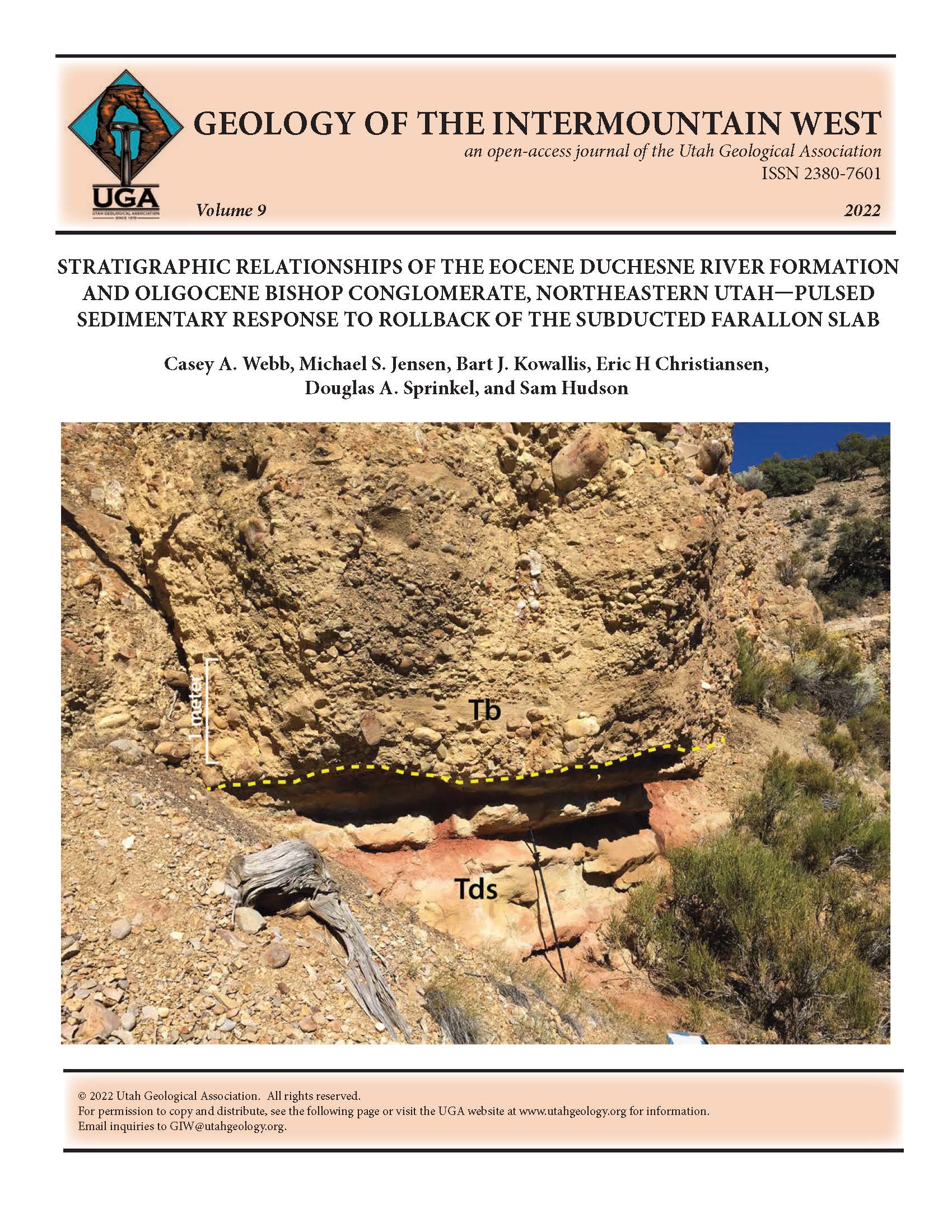 The contact between the Starr Flat Member of the Duchesne River Formation (Tds) and the overlying Bishop Conglomerate (Tb). The contact is shown by the yellow dashed line. The contact is easily identified from the abrupt change from reddish-orange to yellow-gray. Photograph was taken to the northeast at 40.4974° N., 109.7311° W.