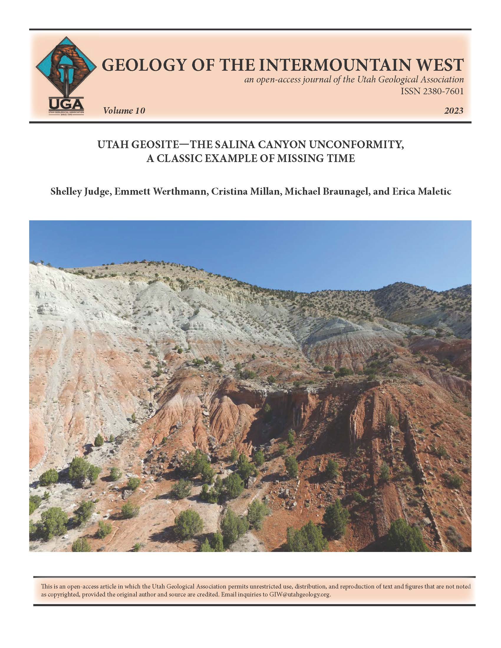 View of the Salina Canyon unconformity in the southern part of the Wasatch Plateau. The Jurassic Twist Gulch Formation forms the vertical to subvertical unit under the angular unconformity. Salina Canyon is an example of a progressive unconformity, with overlying strata including Paleogene sandstone beds of the Flagstaff and Colton Formations capped by the variegated cliffs of the Paleogene Green River Formation.