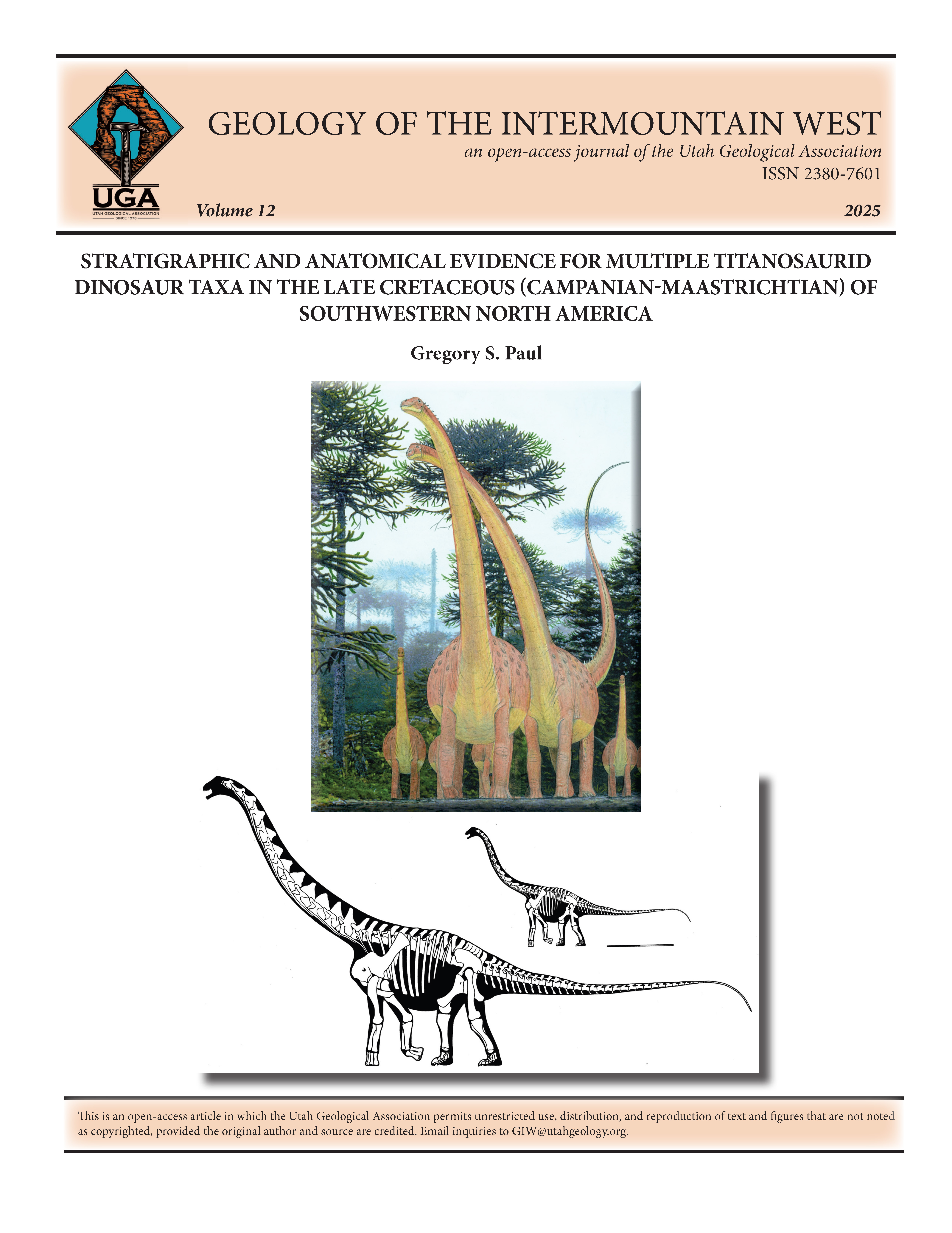 The color rendering of Utetitan zellaguymondeweyae in its habitat. Same scale comparison of mature (scaled to USNM 15560) and juvenile (scaled to TMM 43621) skeletal restorations of generalized composite North American Maastrichtian titanosaurids. Scale bar equals 2 m. Illustrattions by Gregory S. Paul.