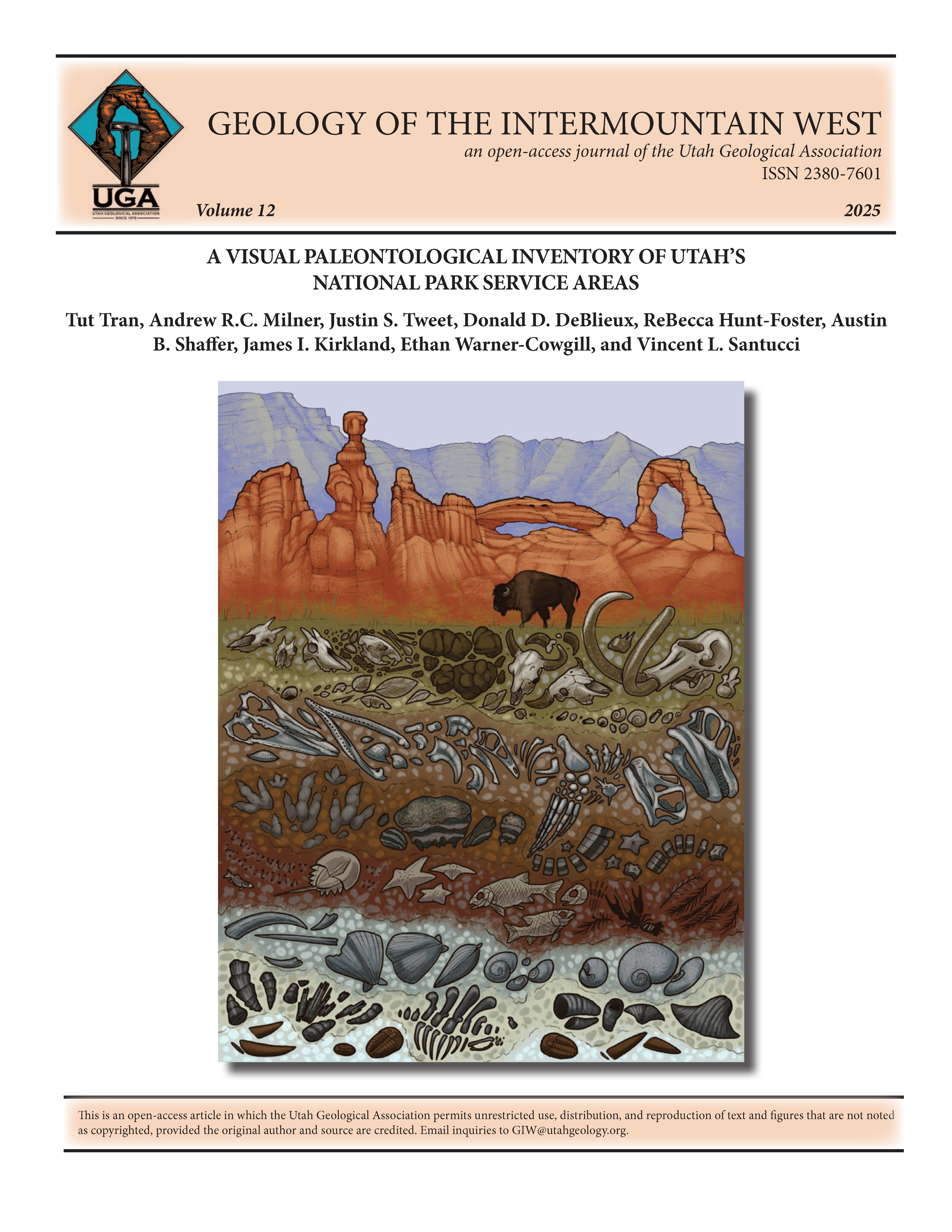 An extant American bison strides atop an underlying sequence of Phanerozoic strata and fossils. These are arranged by geologic period (Cambrian, Permian, Early Triassic, Late Triassic, Jurassic, Cretaceous, Paleogene, and Quaternary) and from left (west) to right (east) in approximate accordance with their occurrence across the National Park Service areas of Utah. Iconic rock formations representing the “Mighty Five” national parks (Zion, Bryce Canyon, Capitol Reef, Canyonlands, and Arches National Parks) form the nearest skyline, and other landmarks (Powell Point to the west and the Henry Mountains to the east) form the horizon. Artwork by Benji Paysnoe, CAMBEN Creatives LLC, used with permission.
