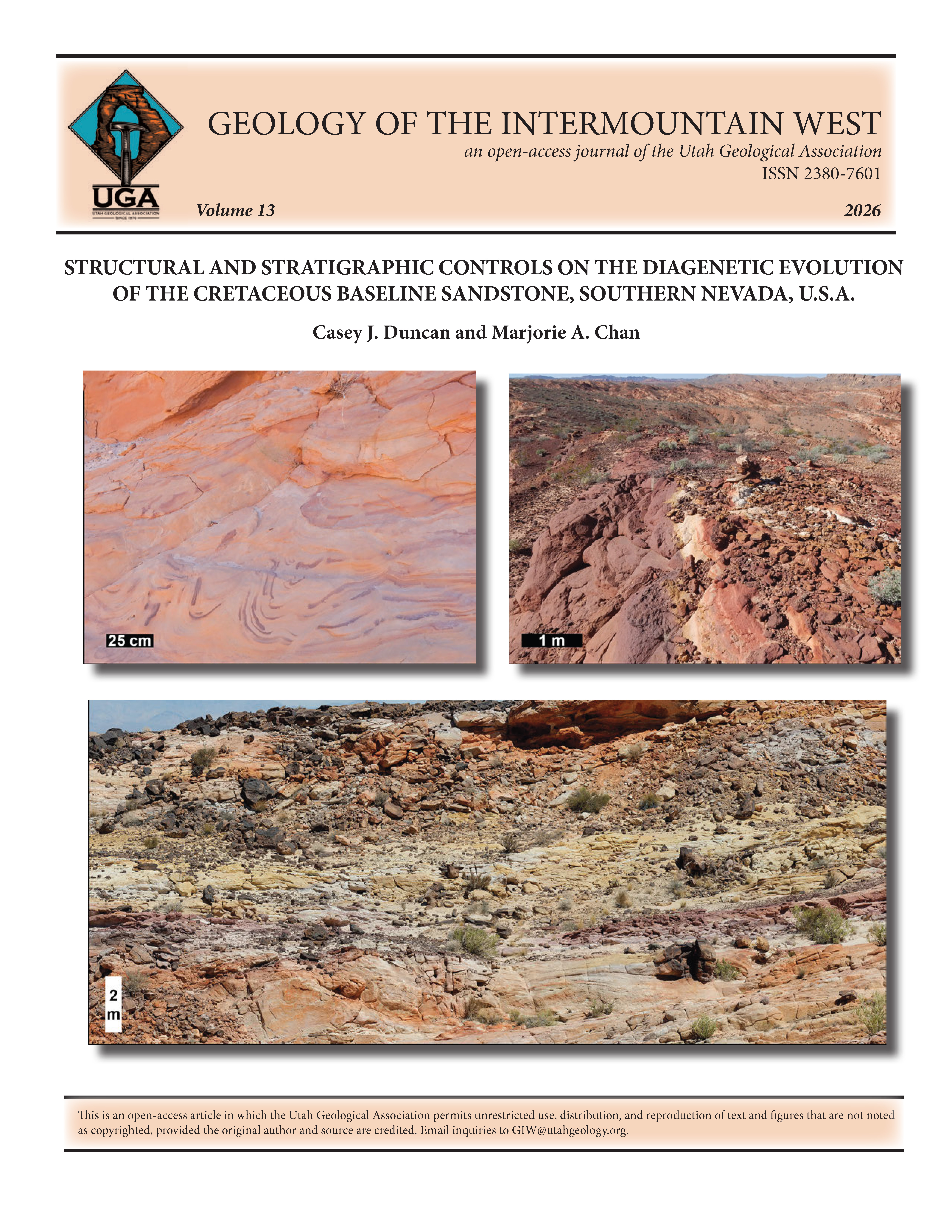 Views of the coloration facies of the white and red sandstone members of the Baseline Sandstone in the Muddy Mountains area, Nevada. Top left: purple coloration patterns found along soft-sediment deformation surfaces in the lower red sandstone member. Top right: intensely concentrated red and purple coloration in the red sandstone member. Bottom: outcrop panorama showing the range in coloration of the white sandstone member and its typical diffuse expressions (scale bar indicates stratigraphic thicknesses of lowest beds).