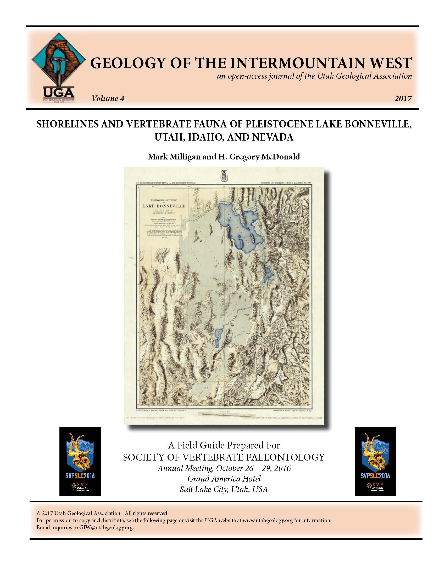 Restored outline of Lake Bonneville. Geological data by G.K. Gilbert and E.E. Howell. Lithography by J. Bien. Dated 1876. From, “Topographical Atlas Projected to Illustrate United States Geographical Surveys West of e 100th Meridian,” a collection of 135 topographical and geological atlas sheets, 1876 to 1881. Downloaded from the David Rumsey Map Collection, www. davidrumsey.com. Ancient lake surface in light blue. Present (1876) lake surfaces and running water courses in dark blue. Ancient land surface in dark drab. ought to be the oldest published map of Lake Bonneville, this 1876 map does not show the full extent of the lake as depicted in Gilbert’s 1890 monograph.