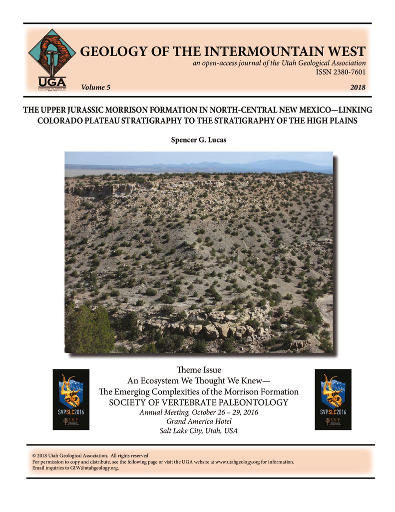 View of upper part of Morrison Formation at Hub Canyon near Lamy in Santa Fe County, New Mexico. Pale green sandstone ledge in the foreground is Salt Wash Member overlain by greenish slopes of mudrock-dominated Brushy Basin Member capped by white-colored Jackpile Member at top of Morrison Formation. The Cretaceous Dakota Sandstone rests disconformably on the Jackpile Member and is seen as a brown sandstone at the top of the outcrop. Photograph by Spencer G. Lucas.