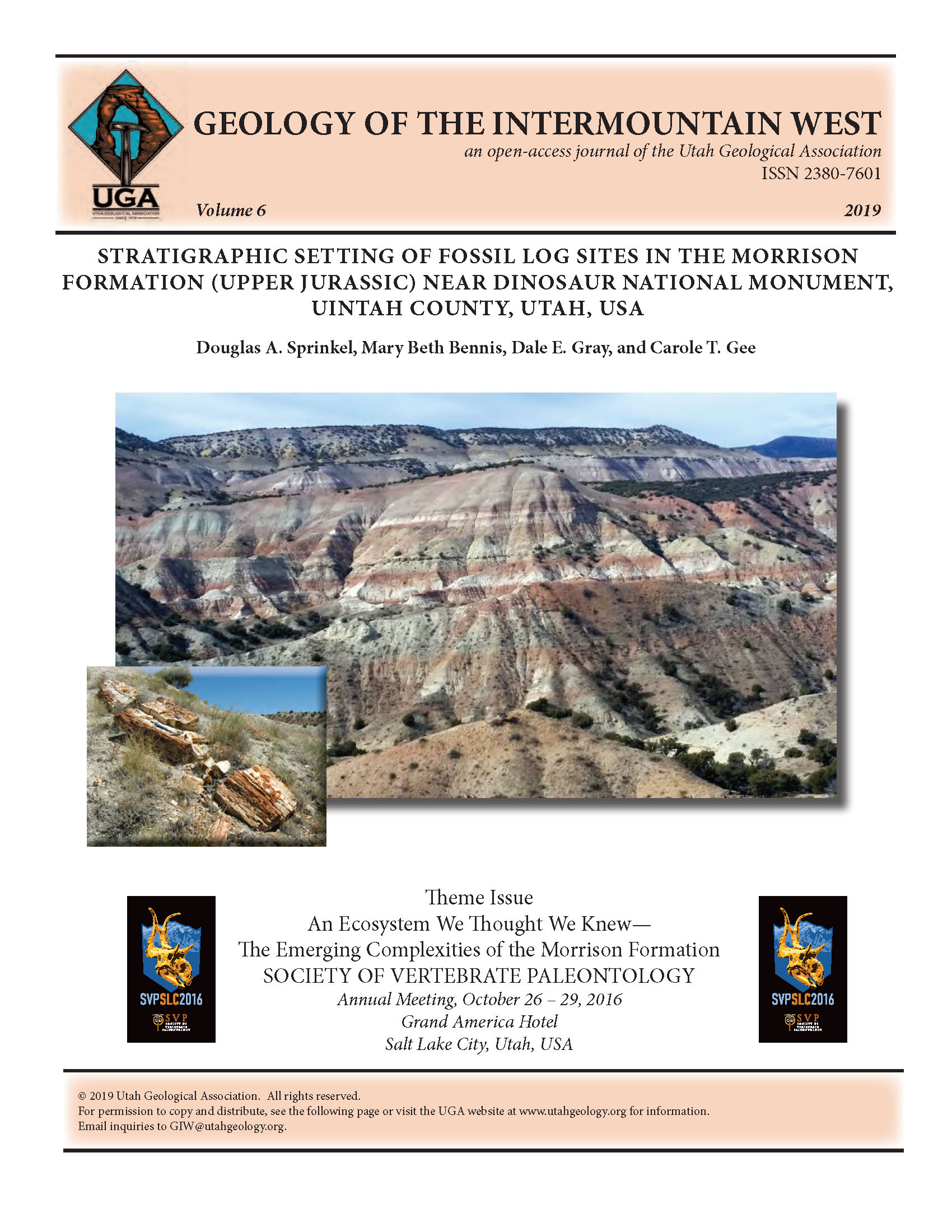 West view of the Morrison Formation at Rainbow Draw. The fossil log horizon is in the greenish- colored siltstone beds near the center of the photograph. The Cretaceous Cedar Mountain through the Frontier Formations are exposed on the distant ridge. See figure 7 for details. Inset photo of a fossil log typically found in Rainbow Draw.