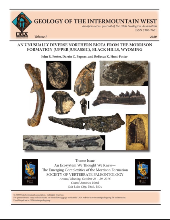 A few of the elements from the Little Houston Quarry biota represented by individual fossils. Left to right and by approximate row top to bottom: Nanosaurus femur; seed; dromaeosaurid tooth; unionid bivalve shell imprint; salamander vertebra; Nanosaurus tooth; Docodon jaw; Theriosuchus jaw; abelisauroid(?) tooth; and Cteniogenys jaw.