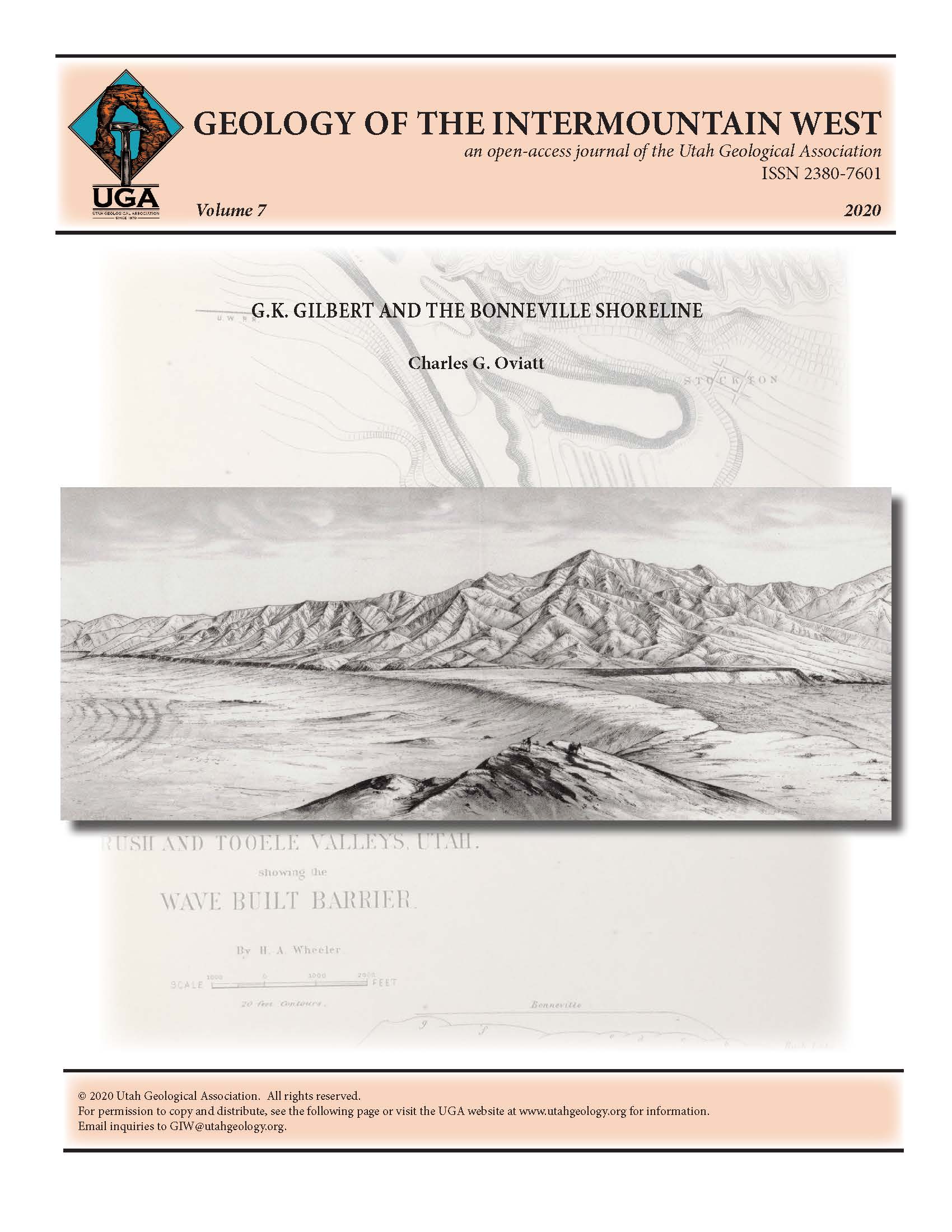 G.K. Gilbert’s lithograph of the “Great Bar at Stockton” (Gilbert, 1890, plate IX). View looking east along the west side of the Oquirrh Mountains between the towns of Tooele and Stockton, near 40.47° N. latitude, 112.36° W. longitude. An erosional segment of the Bonneville shoreline, where it is cut into the alluvial fans on the north, aligns with the huge Stockton Bar depositional complex to the south (gravel from the fans was transported toward the south by longshore currents to the bars and spits). (For more information see Chan and others, 2003; Chan and Godsey, 2016). Background image is Gilbert’s (1890; plate XX) map of the Stockton Bar. See figure 6 for more description.