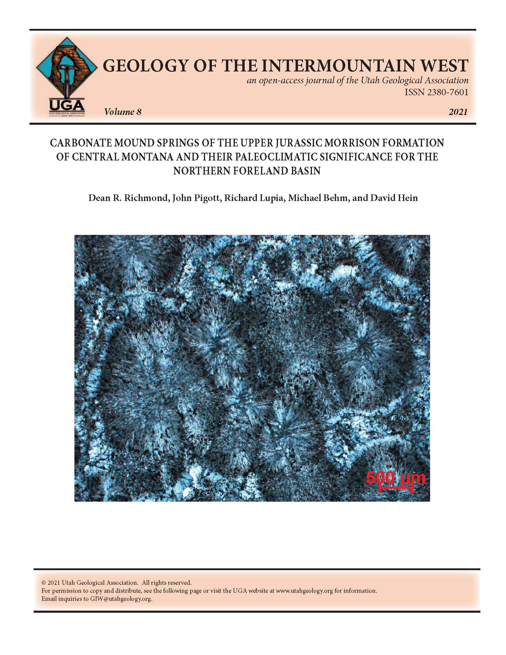 Photomicrograph of carbonate spherulites formed by a Jurassic variant of the betaproteobacteria Ralstonia eutropha H16. The spherulites are commonly found in the upper surfaces of mound spring deposits of the Upper Jurassic Morrison Formation of central Montana. The black specks are interpreted to be fossil betaproteobacteria remnants preserved in the spherulite. Image shown in crossed nicols.
