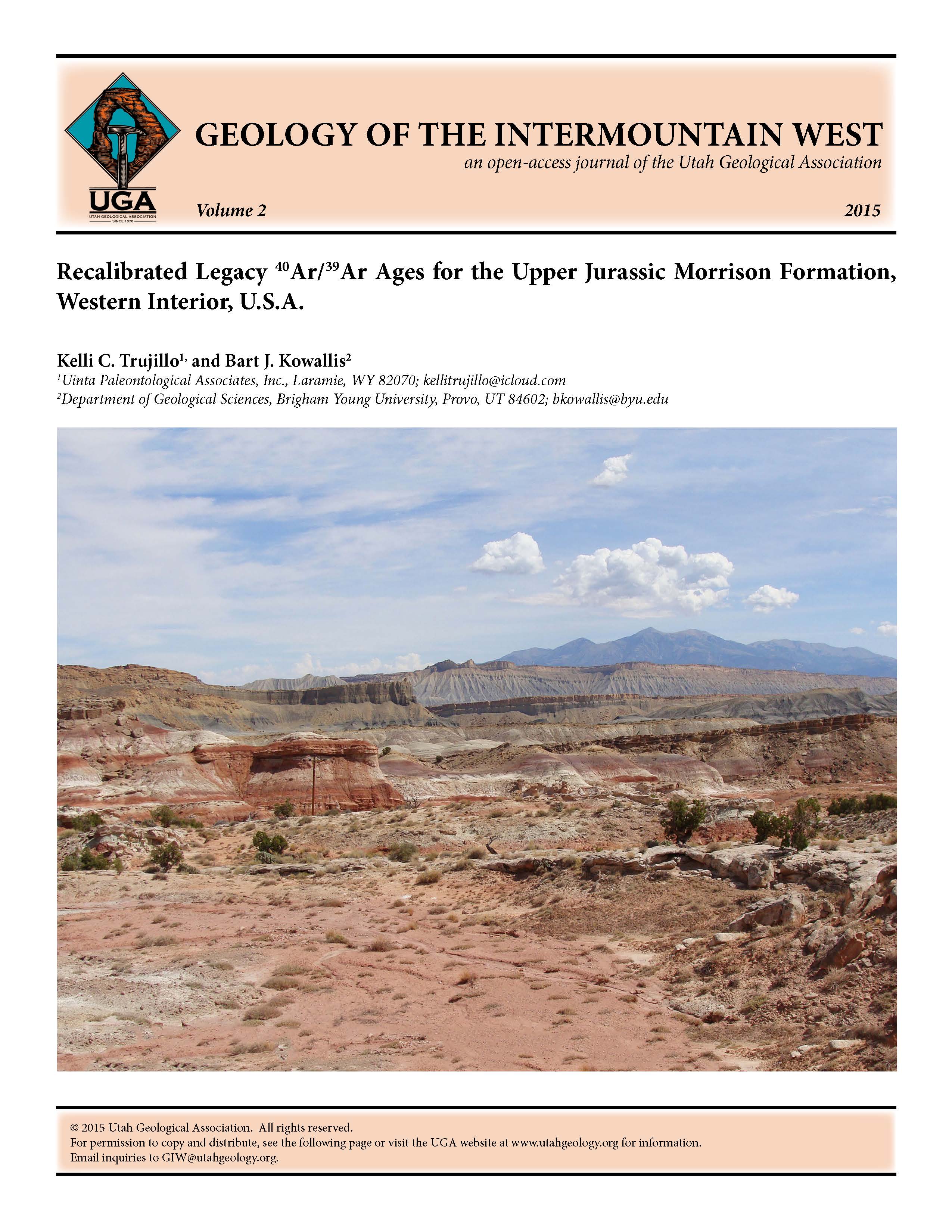 Morrison Formation near Notom looking towards the east with the Henry Mountains in the far background. The upper Salt Wash and colorful Brushy Basin Members of the Morrison can be seen in the foreground with the Cedar Mountain Formation and Mancos Shale above. The Tidwell and lower Salt Wash Members are not seen in the photo. Photograph by Bart J. Kowallis.