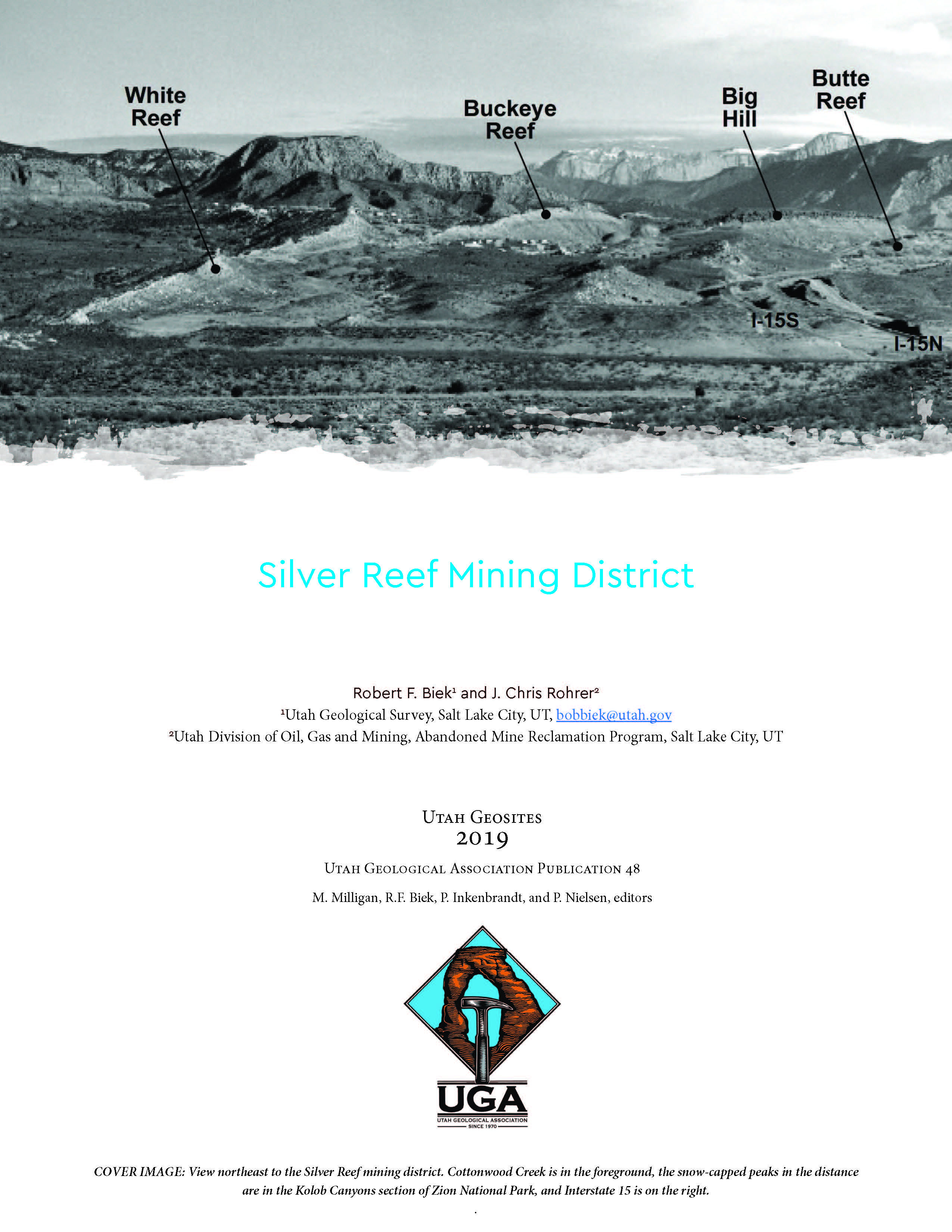 View northeast to the Silver Reef mining district. Cottonwood Creek is in the foreground, the snow-capped peaks in the distance are in the Kolob Canyons section of Zion National Park, and Interstate 15 is on the right.