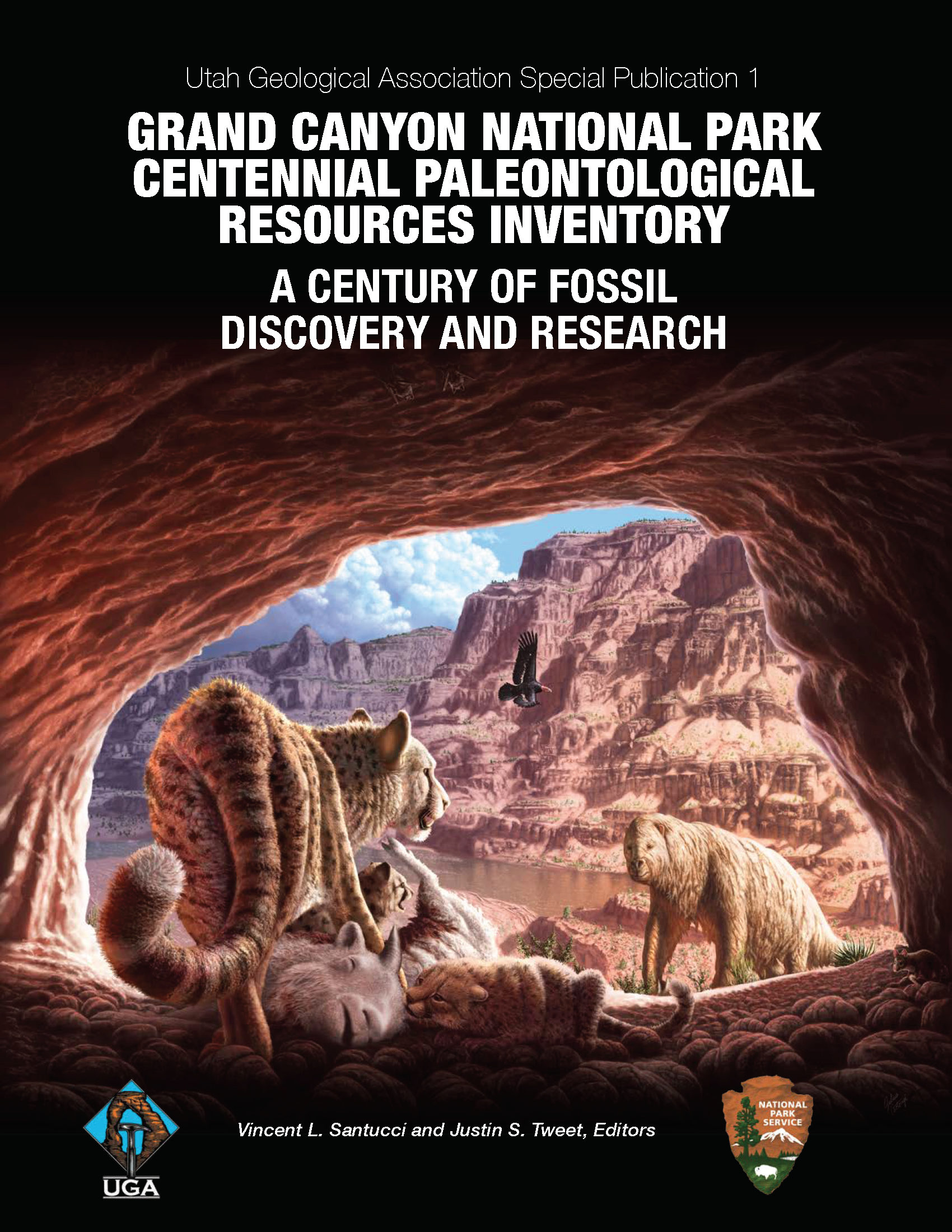 Pleistocene open woodland scene from Rampart Cave in the western portion of the Grand Canyon. The painting by artist Julius Csotonyi features American cheetahs (Miracinonyx trumani), Harrington’s mountain goat (Oreamnos harringtoni), Shasta ground sloth (Nothrotheriops shastensis), Stock’s vampire bats (Desmodus stocki), California condor (Gymnogyps californianus), and a woodrat (Neotoma). Fossils of all of these prehistoric animals have been found in Rampart Cave. See chapter 11 by Mead and others in this volume, “Pleistocene/Holocene Cave Fossils from Grand Canyon National Park—Ice Age (Pleistocene) Flora, Fauna, Environments, and Climate of the Grand Canyon, Arizona,” for more details.